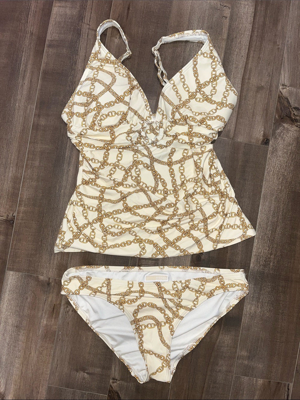 Michael Kors Cream Tankini Set with Gold Chain Print